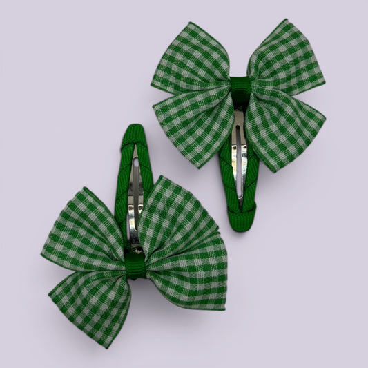 Emerald green gingham butterfly school snap hair clips