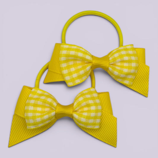 Juni | Yellow Gingham Small Double bow bobbles pair