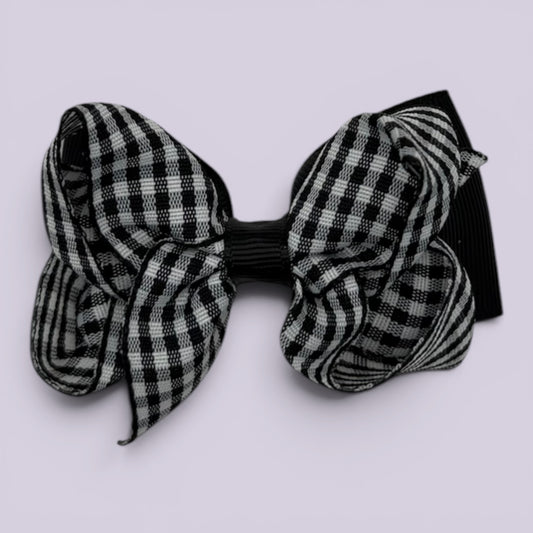 Black gingham double bow school hair clip