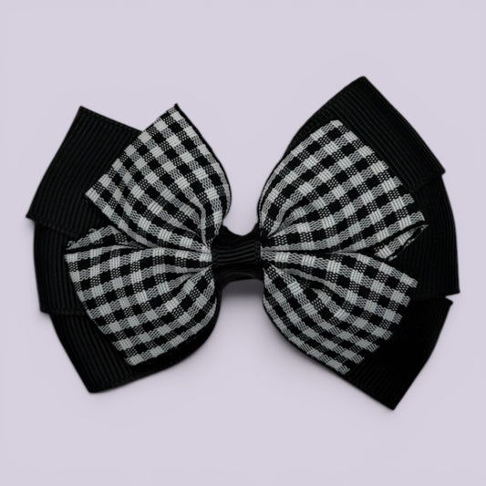 Black gingham pinwheel school hair bow clip