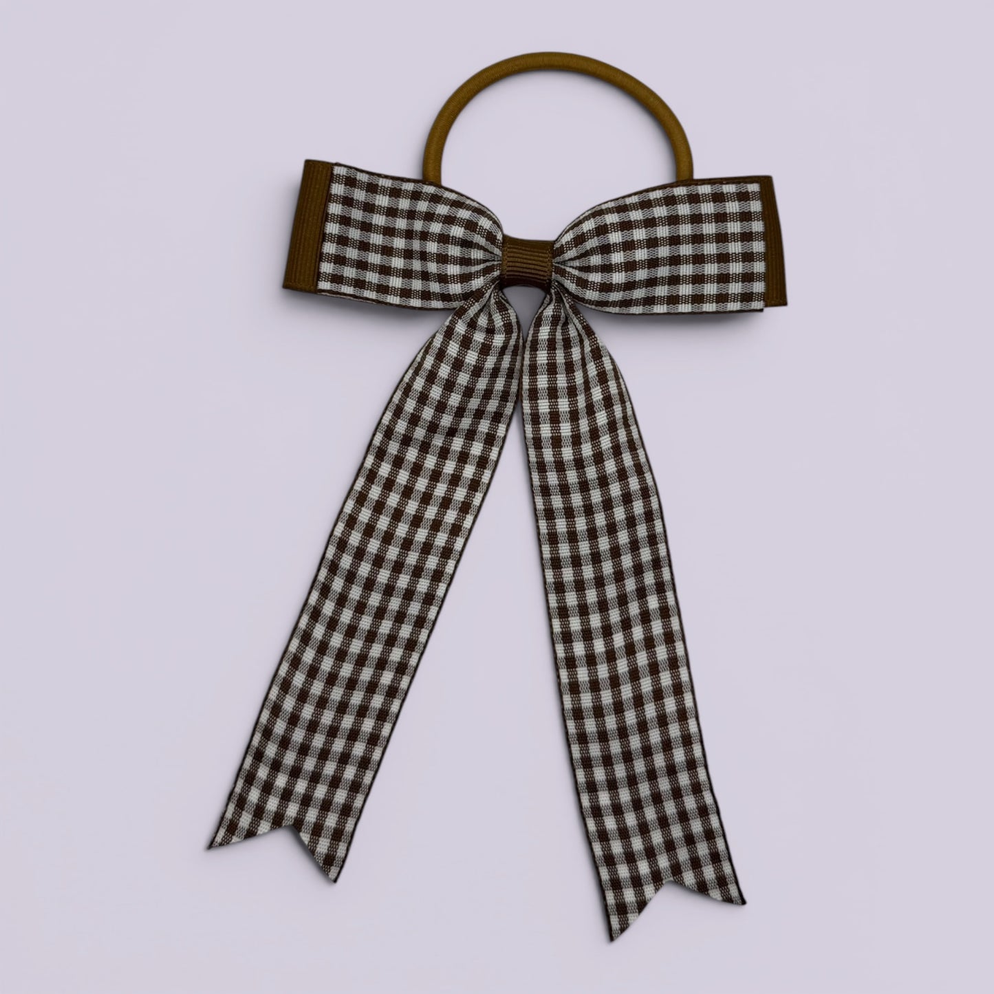 Brown gingham tailed school hair bow bobble