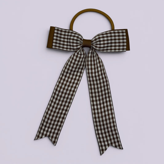 Brown gingham tailed school hair bow bobble