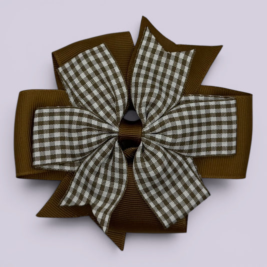 Brown gingham school hair bow clip