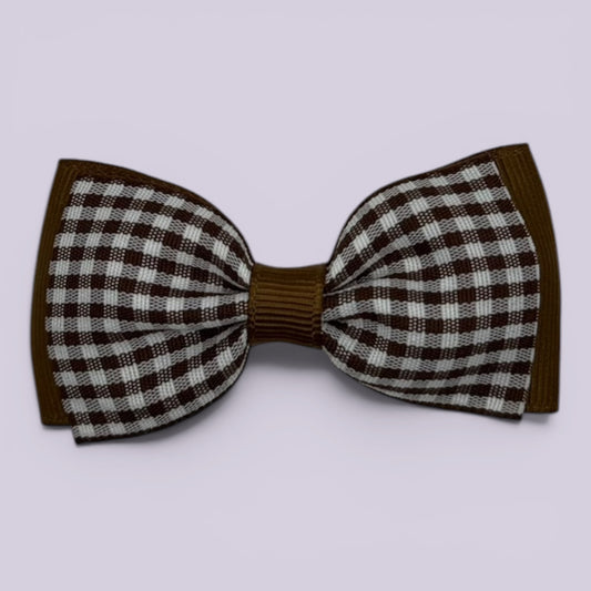 Brown gingham bowtie school hair bow clip