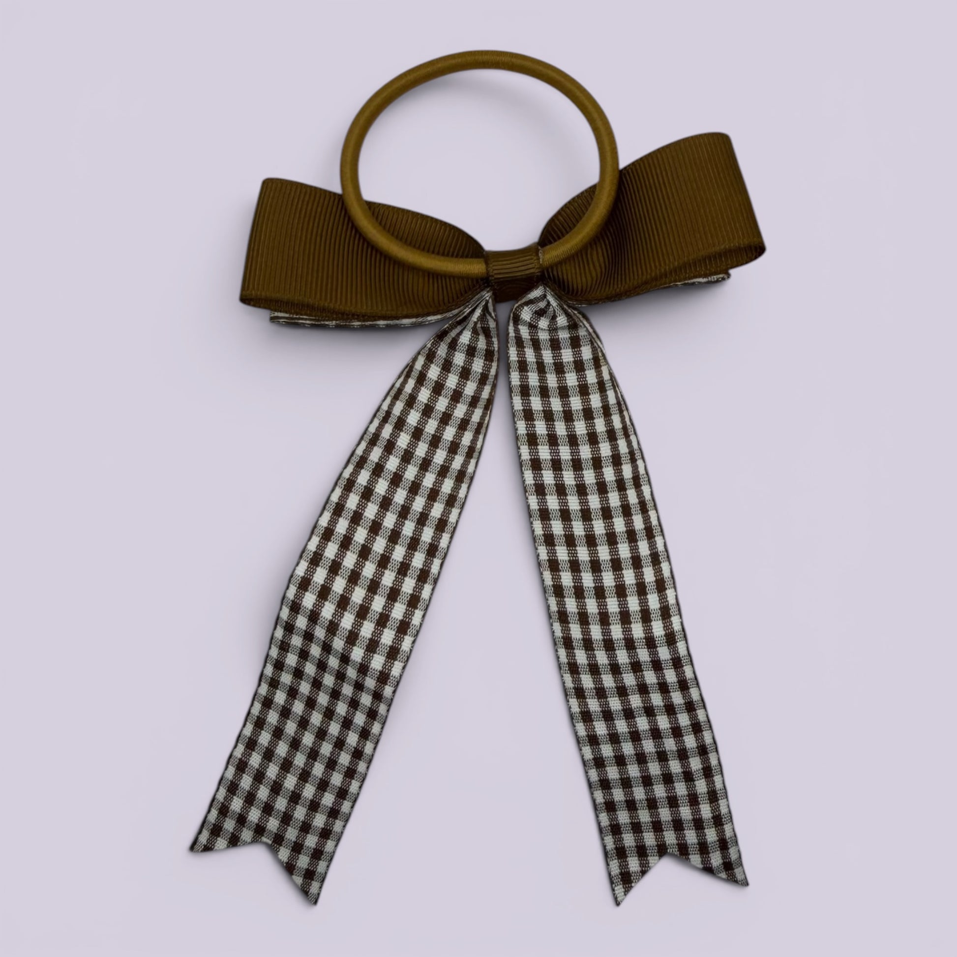 Brown gingham bow bobble on card