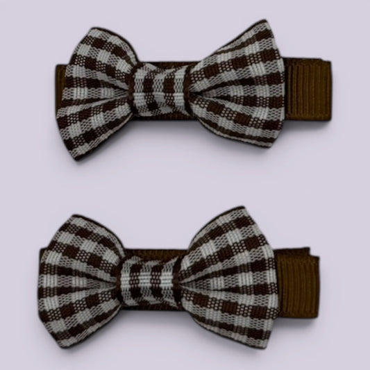 Brown gingham mini bowtie school hair clips
