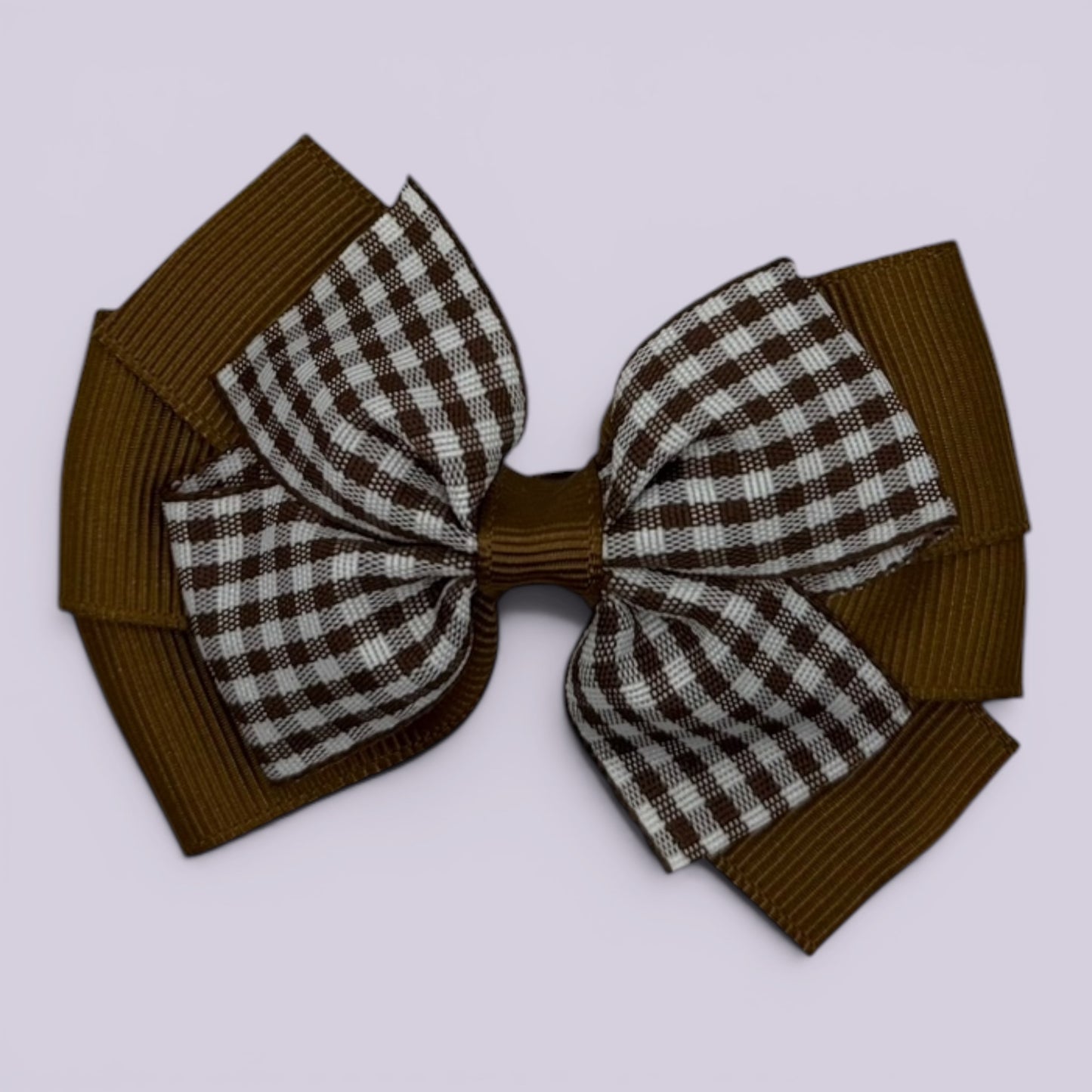 Brown gingham pinwheel school hair bow clip