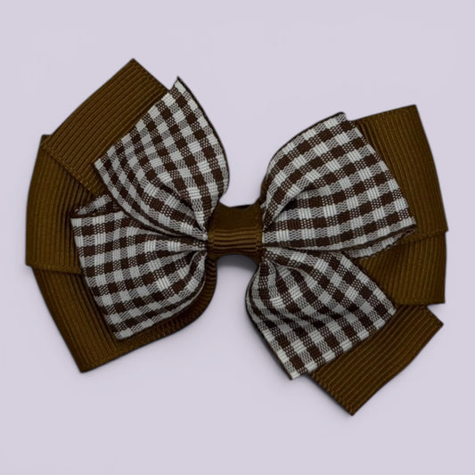 Brown gingham pinwheel school hair bow clip