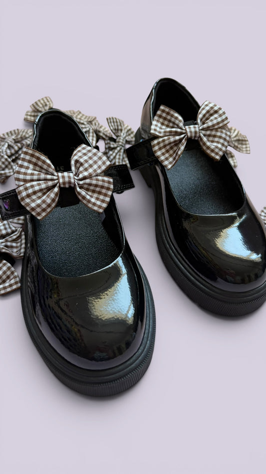 Brown gingham school uniform shoe bows