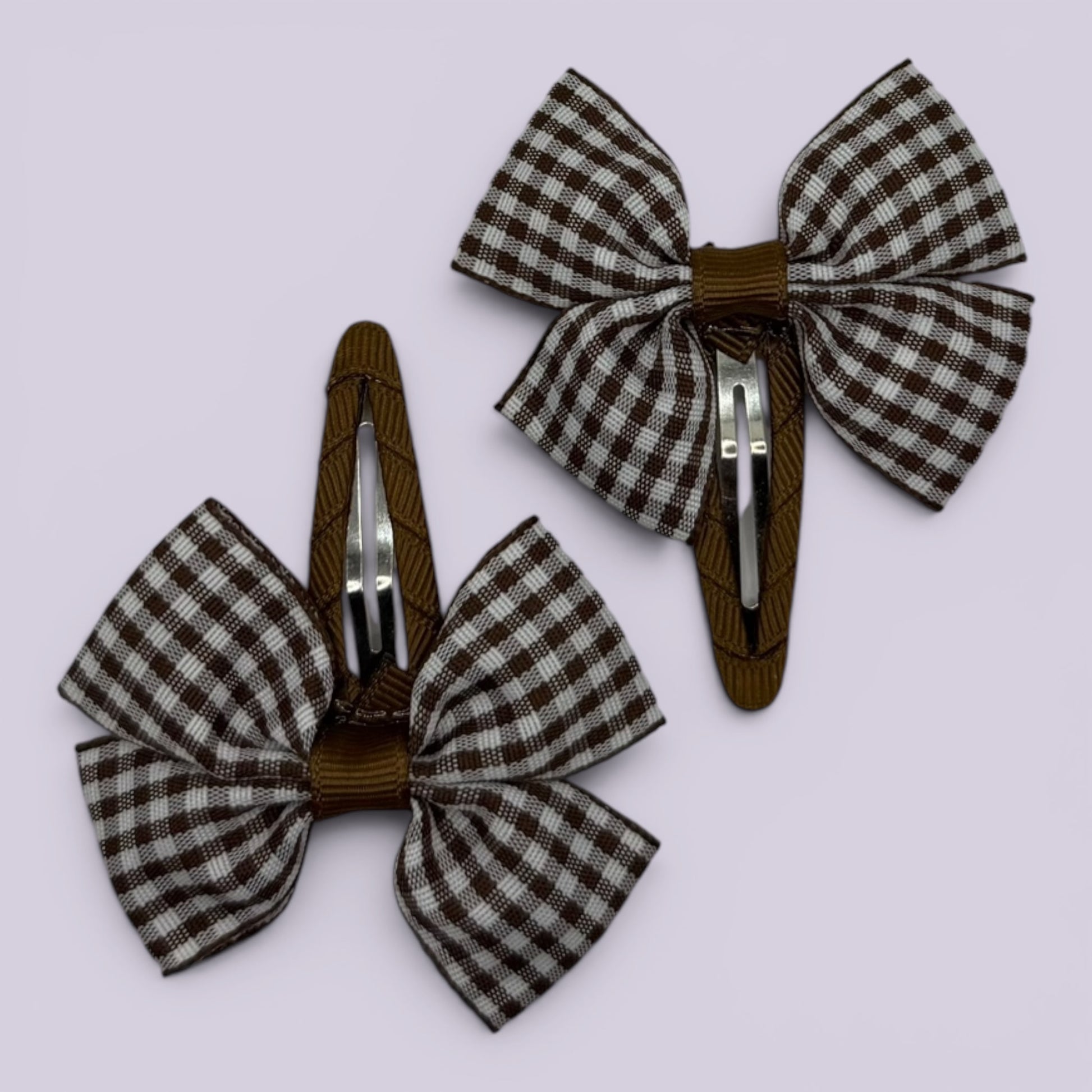 Brown gingham butterfly school snap hair clips