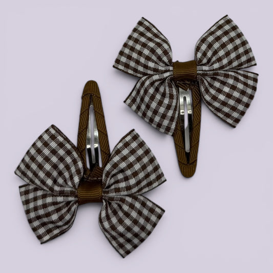 Brown gingham butterfly school snap hair clips