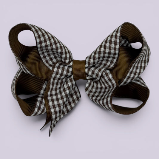 Brown gingham large school hair bow clip