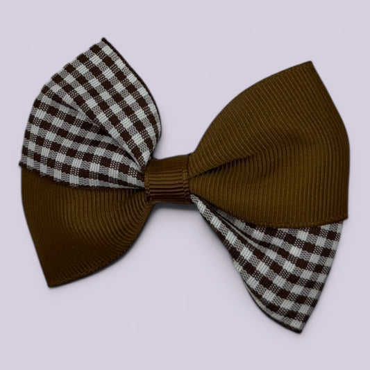 Brown gingham twisted school hair bow clip