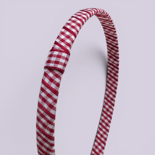 Burgundy maroon gingham headband close up