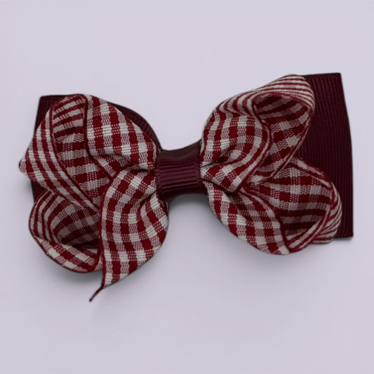 Burgundy maroon gingham double bow school hair clip