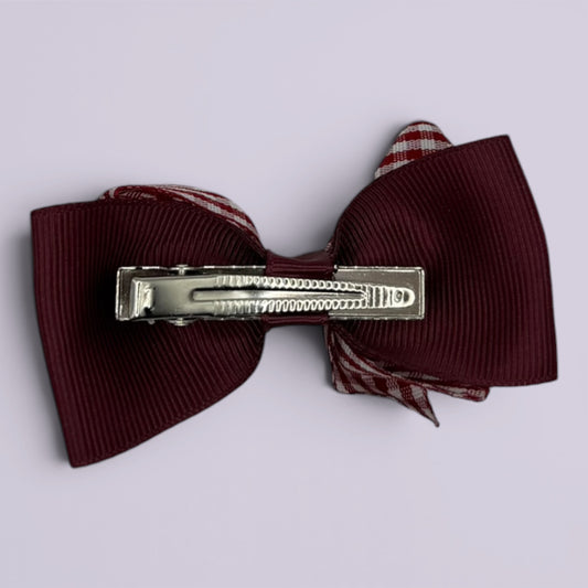 Burgundy maroon gingham double bow clip on card