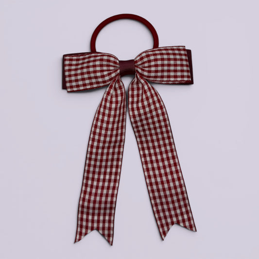Burgundy maroon gingham tailed school hair bow bobble