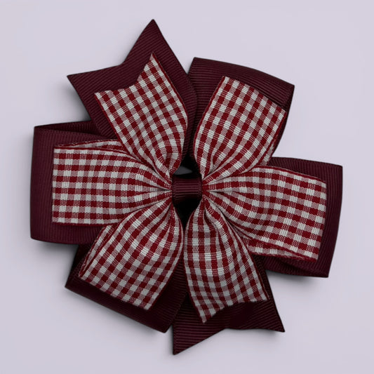 Burgundy maroon gingham school hair bow clip