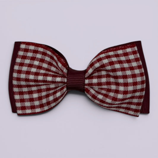 Burgundy maroon gingham bowtie school hair bow clip