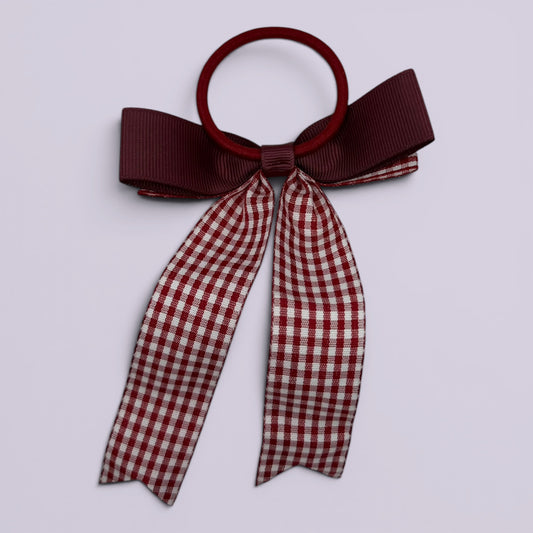 Burgundy maroon gingham bow bobble on card