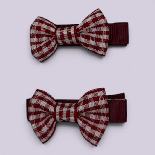 Burgundy maroon gingham mini bowtie school hair clips