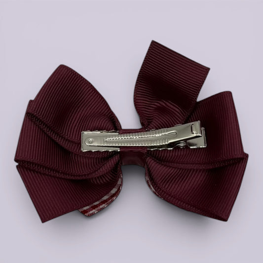 Burgundy maroon gingham pinwheel bow clip on card