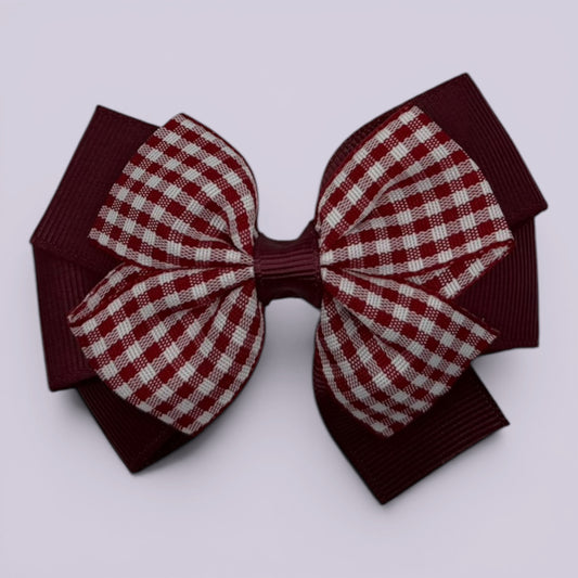 Burgundy maroon gingham pinwheel school hair bow clip