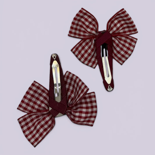 Burgundy maroon gingham butterfly snap clips on card