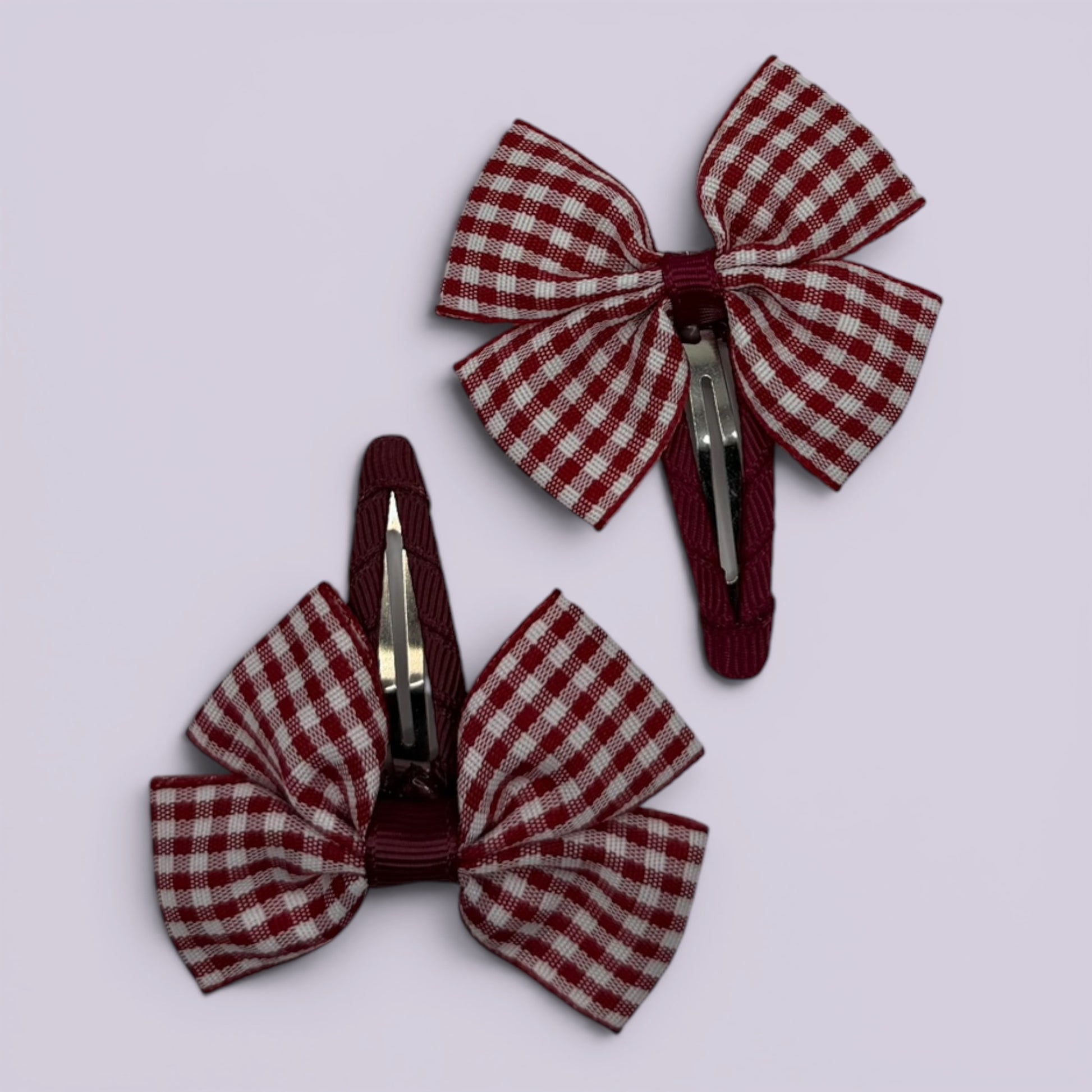 Burgundy maroon gingham butterfly school snap hair clips