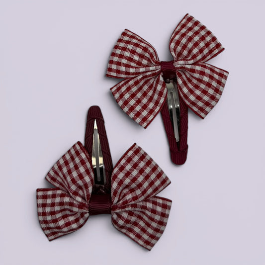 Burgundy maroon gingham butterfly school snap hair clips