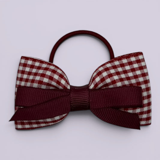 Burgundy maroon gingham school hair bow bobble