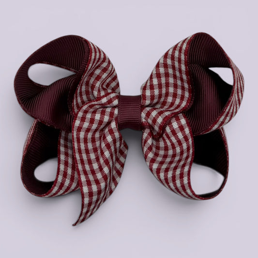 Burgundy maroon gingham large school hair bow clip
