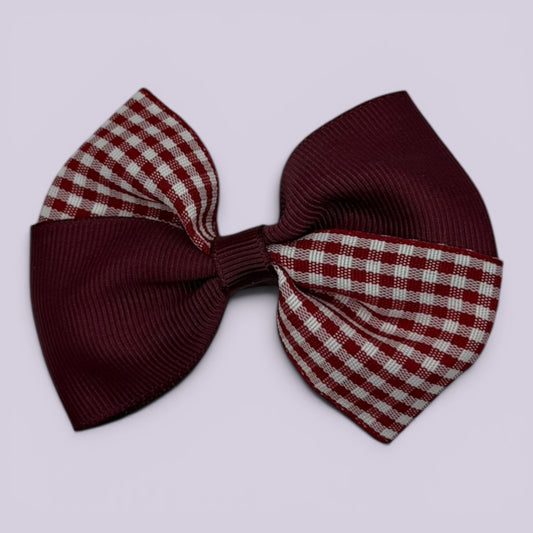 Burgundy maroon gingham twisted school hair bow clip