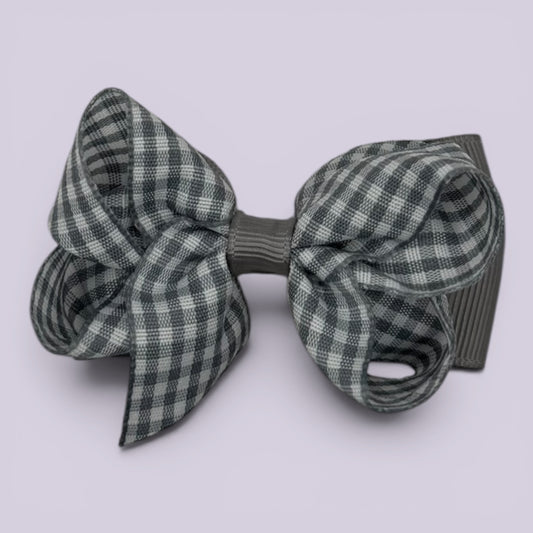 Grey gingham double bow school hair clip