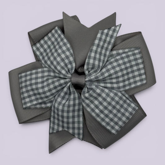 Grey gingham school hair bow clip