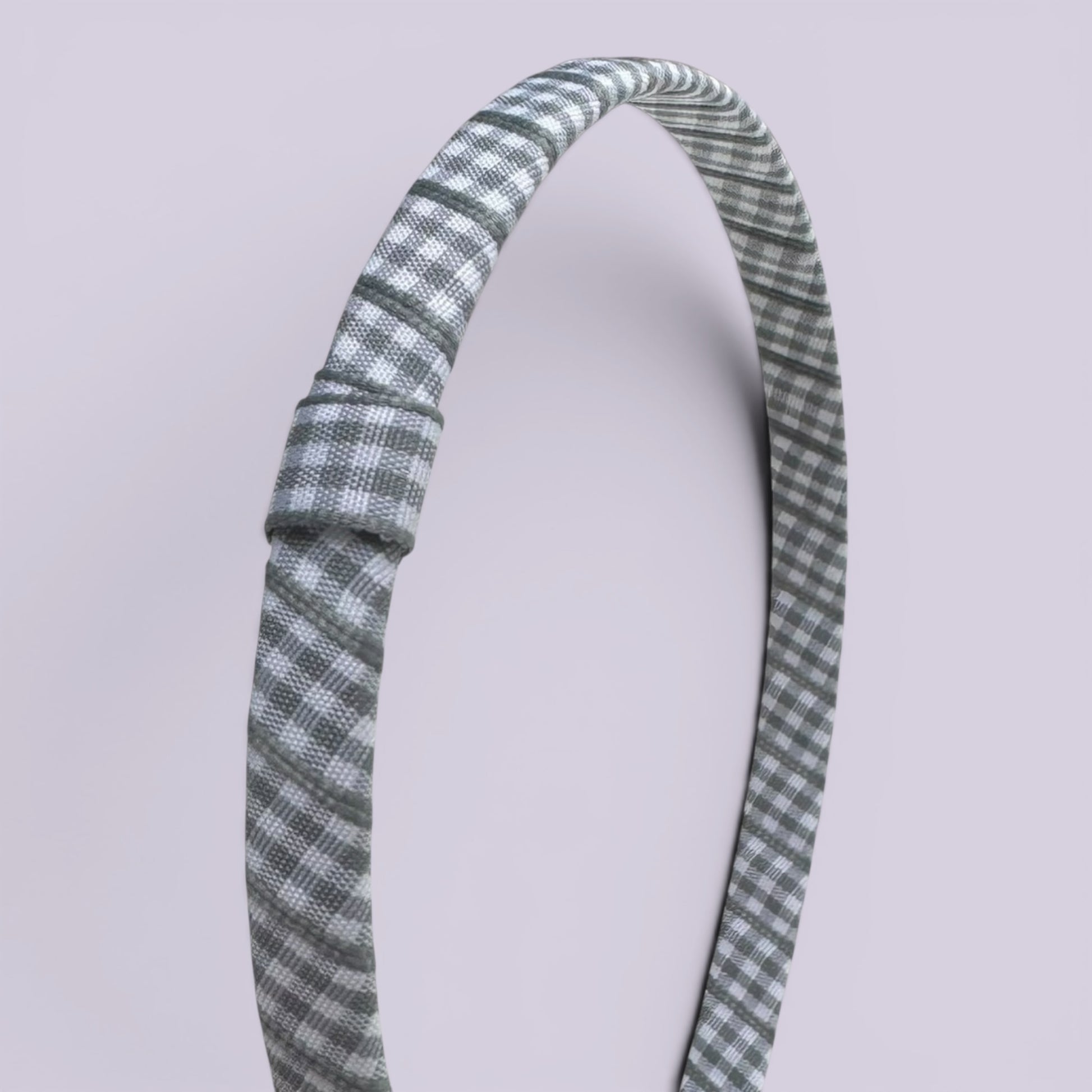 Grey gingham headband close up