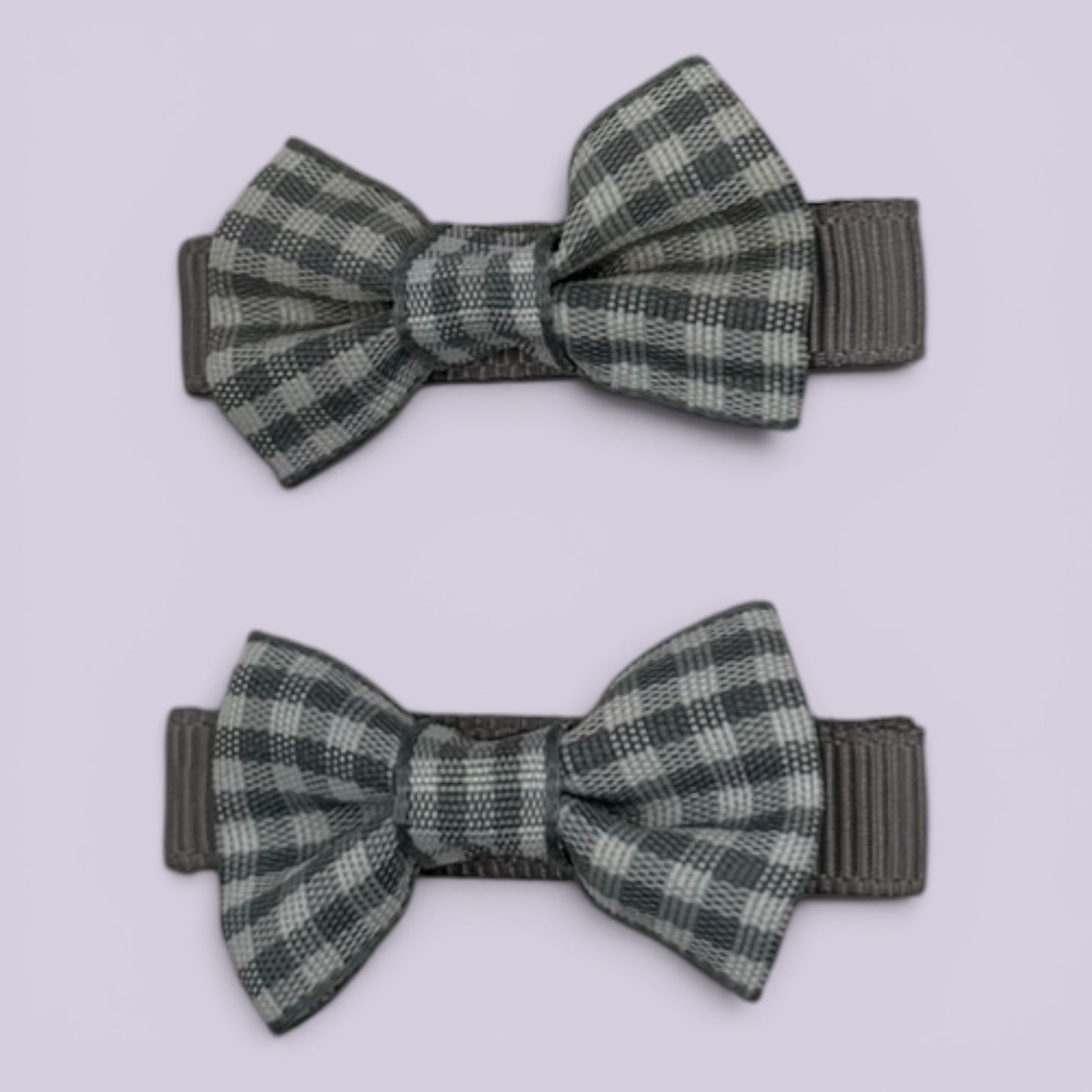 Grey gingham mini bowtie school hair clips