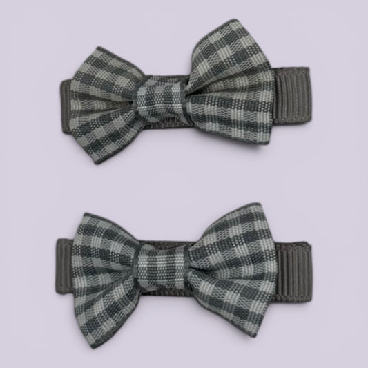 Grey gingham mini bowtie school hair clips