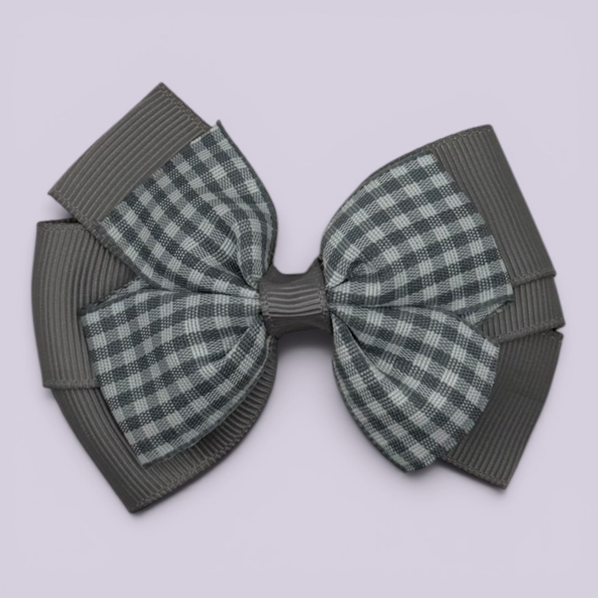 Grey gingham pinwheel school hair bow clip
