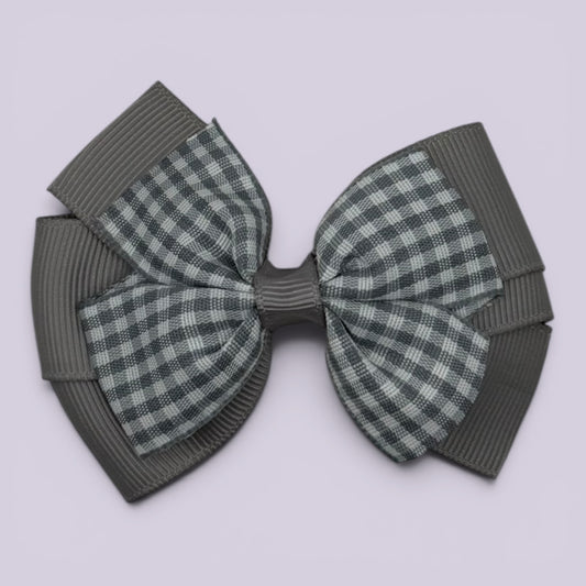 Grey gingham pinwheel school hair bow clip