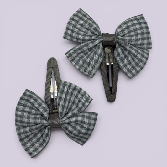 Grey gingham butterfly school snap hair clips