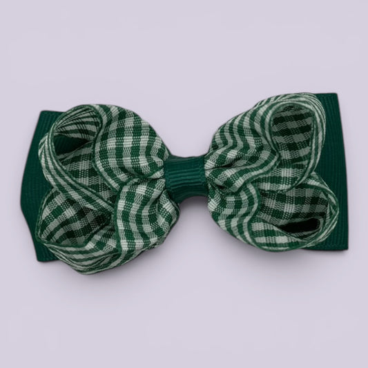 Hunter bottle green gingham double bow school hair clip