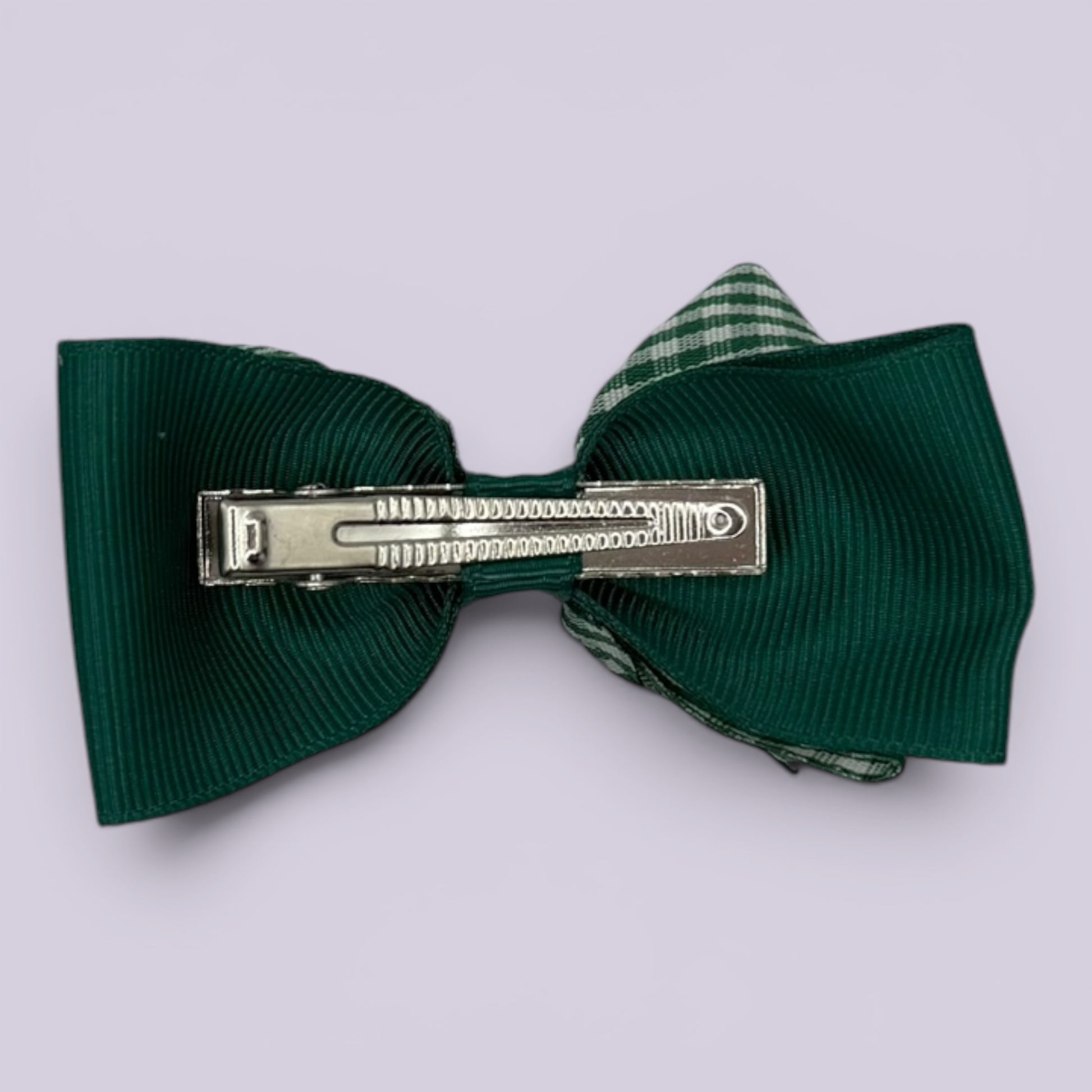 Hunter bottle green gingham double bow clip on card