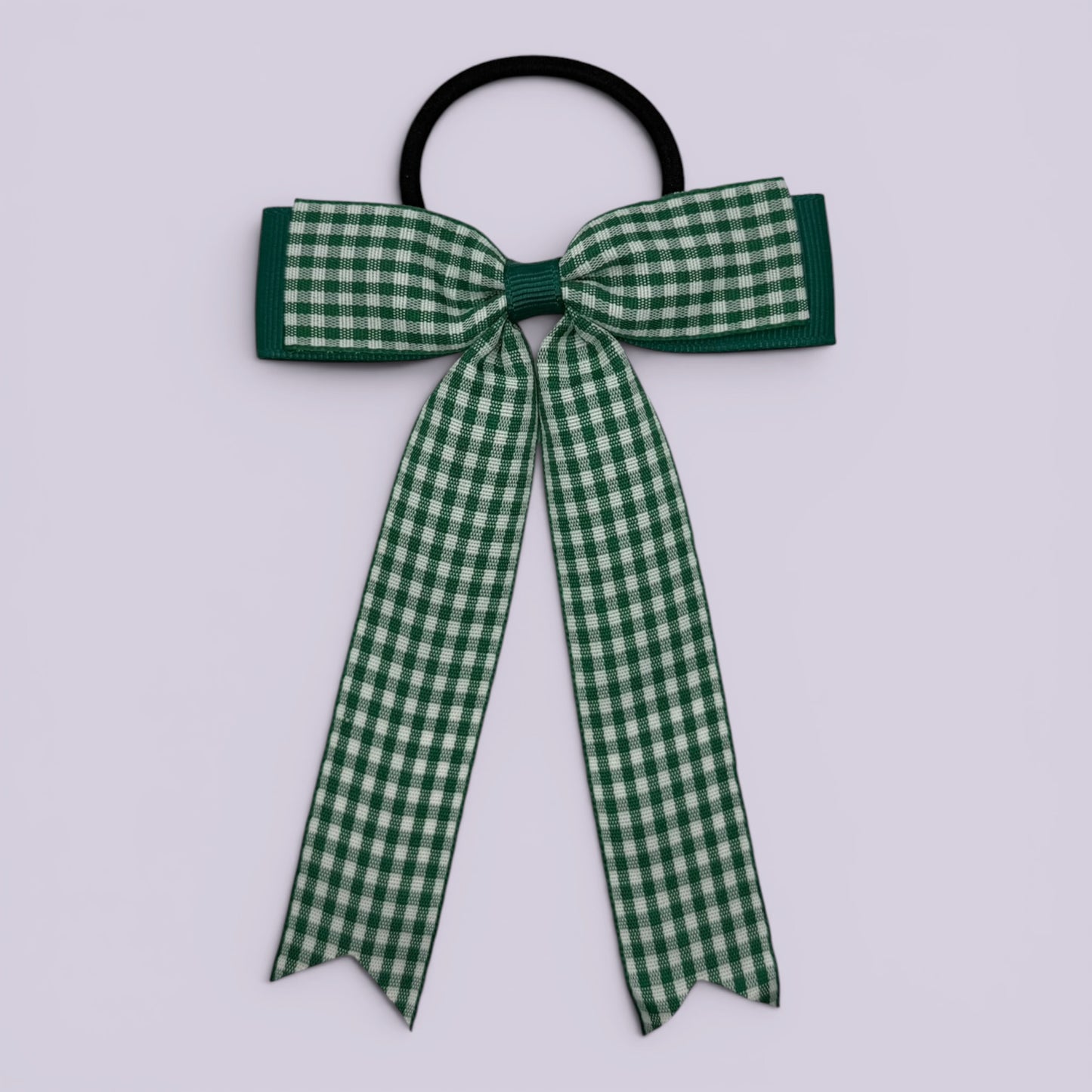 Hunter bottle green gingham tailed school hair bow bobble