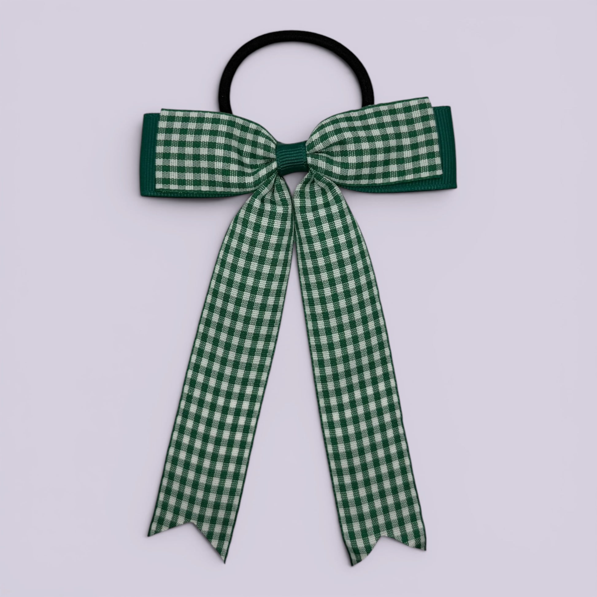 Hunter bottle green gingham tailed school hair bow bobble