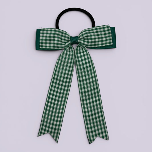 Hunter bottle green gingham tailed school hair bow bobble