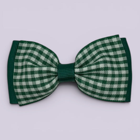Hunter bottle green gingham bowtie school hair bow clip