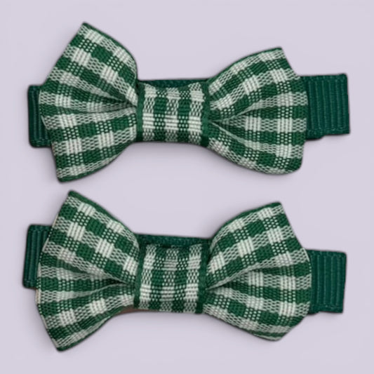 Hunter bottle green gingham mini bowtie school hair clips