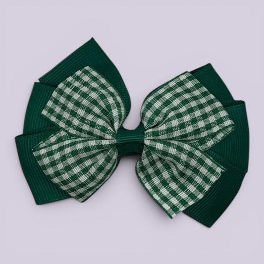 Hunter bottle green gingham pinwheel school hair bow clip