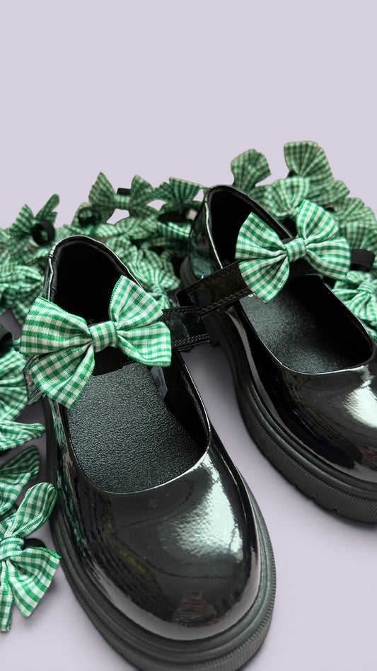Hunter bottle green gingham school uniform shoe bows